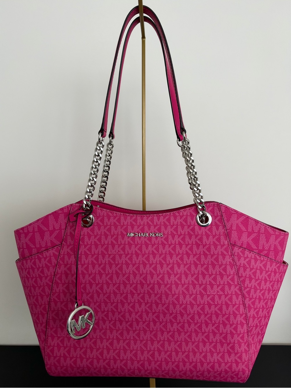 Michael Kors Jet Set Large Signature Logo Pink Chain Shoulder Tote Bag